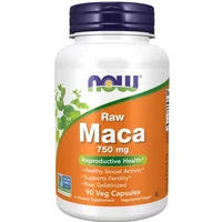 NOW Foods Maca 750mg capsules, white bottle with orange label, green leaf graphic, 90 veg capsules.
