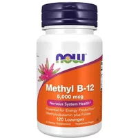 NOW Foods Methyl B-12 5000mcg lozenges, white bottle with purple cap, orange label, 120 count.