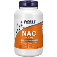 White bottle of NOW Foods NAC 600mg with orange label, 250 capsules, featuring "Free Radical Protection" text.