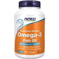 White bottle of NOW Foods Omega-3 Fish Oil with orange label, blue and green logo, 200 softgels.