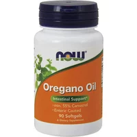 White bottle of NOW Foods Oregano Oil Enteric Softgels with orange label and green leaf graphics.