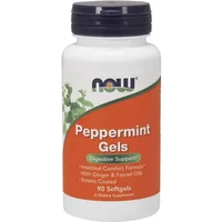 NOW Foods Peppermint Gels bottle with orange label, 90 soft gels, digestive support, featuring peppermint leaf image.