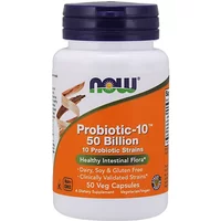 NOW Foods Probiotic-10 bottle with orange label, 50 billion CFU, 50 capsules, purple cap.