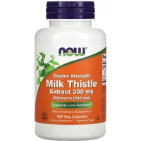White bottle of NOW Foods Silymarin capsules, purple cap, orange label with green plant graphics, 300mg, 100 count.