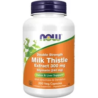 White bottle with purple cap, orange label reading "NOW Double Strength Milk Thistle Extract 300mg, 200 Veg Capsules."