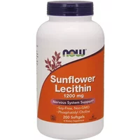 NOW Foods Sunflower Lecithin 1200mg bottle, white with orange label, 200 softgels, purple logo.