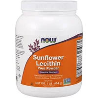 White jar of NOW Foods Sunflower Lecithin Pure Powder, 454g, with orange label and purple logo.