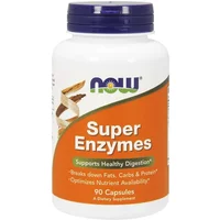 NOW Foods Super Enzymes bottle, white with orange label, 90 capsules, promotes digestion, green and blue logo.