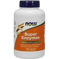 NOW Foods Super Enzymes bottle, white with orange label, 180 capsules, dark blue cap.
