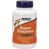 White bottle of NOW Foods Super Enzymes Tablets with orange label and blue cap, contains 90 tablets.