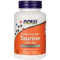 White bottle with orange label, NOW Foods logo, "Taurine 1000mg Double Strength," 100 capsules, purple cap.