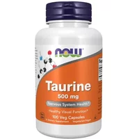 NOW Foods Taurine 500mg capsules in white bottle with orange label, 100 veg capsules, promotes nervous system health.