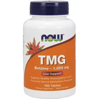 White bottle of NOW Foods TMG 1000mg tablets with orange label and leaf design.