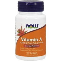 White bottle of NOW Foods Vitamin A 10000 IU, 100 soft gels, with orange label and purple cap.