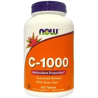 White bottle of NOW Foods Vitamin C-1000 with orange label, purple cap, and rose hips graphic, 250 tablets.