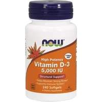 White bottle of NOW Foods Vitamin D-3 5000 IU with orange label, featuring 240 softgels and purple cap.