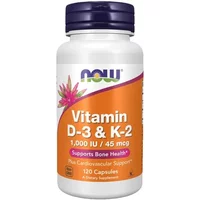 White bottle of NOW Foods Vitamin D-3 & K-2, orange label, 120 capsules, purple flower graphic.