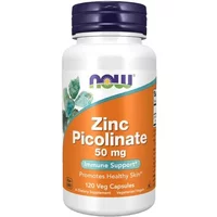 White bottle of NOW Foods Zinc Picolinate 50mg, 120 capsules, with purple cap and orange label.