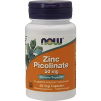 White bottle of NOW Foods Zinc Picolinate 50mg with orange label, 60 veg capsules, immune support text.