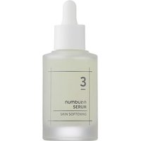 Clear glass bottle with white dropper, labeled "Numbuzin No.3 Skin Softening Serum," 50 ml for moisturizing tired skin.