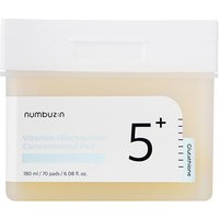 White Numbuzin container with clear lid, labeled "5+" for Vitamin Niacinamide Concentrated Pads, 70 count.