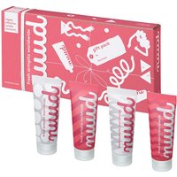Nuud Natural Deodorant Gift Pack, 4 pink and white tubes, 20ml each, in a red box with playful graphics.