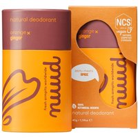 Orange Nuud Natural deodorant stick with ginger scent, 45g, in a matching box with brown accents and logo.