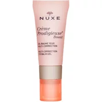 Pink tube of Nuxe Creme Prodigieuse Boost Eye Balm Gel with silver cap and black text.