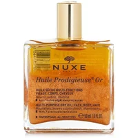 NUXE Huile Prodigieuse Shimmering Dry Oil 50ml, square glass bottle, gold cap, golden oil with shimmer.