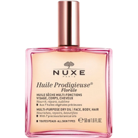 NUXE Huile Prodigieuse Florale, pink glass bottle, gold cap, 50 ml, multi-purpose dry oil for face, body, hair.