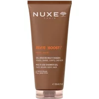 Brown Nuxe Men BOOST 3 Multi-Use Shower Gel 200ml tube with white text and flip-top cap.