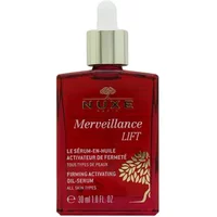 Red Nuxe Merveillance Lift oil-serum bottle with gold dropper cap and leaf design, 30ml.