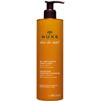 Amber bottle of Nuxe Rêve de Miel Face & Body Cleansing Gel, 400 ml, with black pump dispenser.