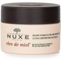 Cream-colored jar with a dark brown lid, labeled "Nuxe Reve De Miel Ultra Comforting Face Balm" for dry and sensitive skin.