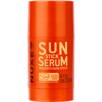 Orange Nuxe Stick Serum SPF50+ with black text, cylindrical shape, 25g, prevents dark spots, UVA/UVB protection.