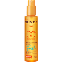 NUXE Sun Mist Fresh SPF30, 150 ml, orange spray bottle with yellow cap and blue text accents.
