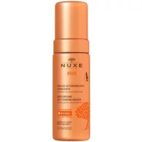 Nuxe Sun Moisturising Self Tanning Mousse in orange bottle with pump, 150ml, featuring a tree graphic.