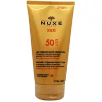 Golden tube of Nuxe Sun SPF 50 Melting Lotion, 150ml, with orange text and NUXE logo.