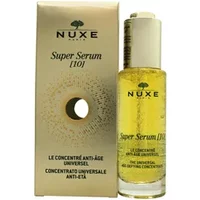 Nuxe Super Serum [10] in clear bottle with gold liquid, white dropper cap, and beige box with circular design.