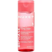 NUXE Very Rose Biphase Remover 100ml, pink bottle with white text and rose design, clear liquid visible.