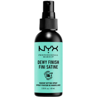 Black NYX Dewy Finish Setting Spray bottle with turquoise label and black cap, 2.03 fl. oz.