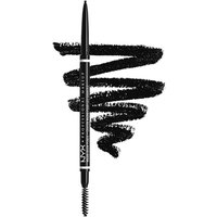 Black NYX Micro Brow Pencil with dual ends, fine tip for precision and spoolie brush for blending, shown with black swatch.