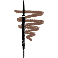 Dual-ended NYX Micro Brow Pencil in Chocolate with fine tip and spoolie brush, shown with brown swatch strokes.