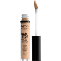 NYX Can't Stop Won't Stop concealer in Natural, clear tube with black cap and doe-foot applicator.