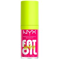 Bright pink NYX Fat Oil Lip Drip with neon green cap, 4.8 ml, bold white and yellow text on the bottle.