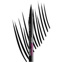 Black NYX brow tint pen with fine tip and sleek design, featuring bold black strokes in the background.