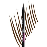 NYX brow tint pen in Espresso, sleek black design with fine tip, shown with brown strokes illustrating application.
