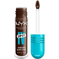 NYX Lip I.V. Hydrating Gloss Stain in Espresso Soak, 5 ml, brown tube with blue cap and applicator wand.