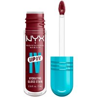 NYX Lip I.V. Hydrating Gloss Stain, deep red shade, clear tube, turquoise cap, doe-foot applicator, 5 ml.