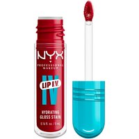 NYX red lip gloss stain with blue cap and applicator, 5 ml, labeled "Lip I.V. Hydrating Gloss Stain Redy-Y Set Wet!"